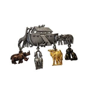 Vintage JJ Jonette Noahs Ark Dangle Brooch, 3" Wide, Signed